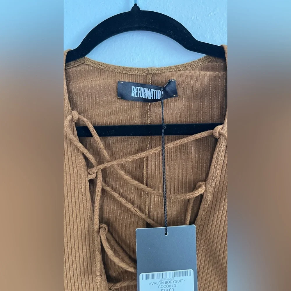 Reformation Brown Lace-Up Long Sleeve Bodysuit